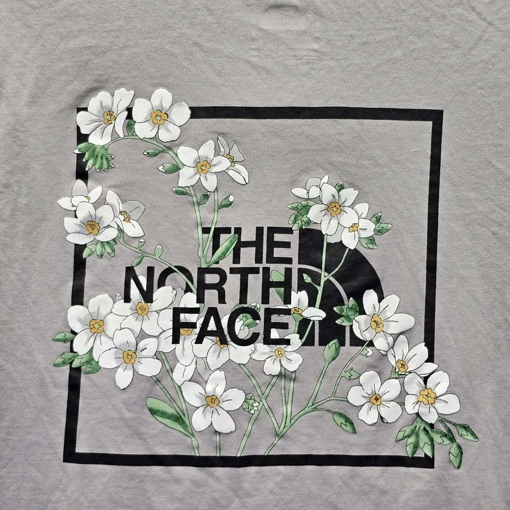 The North Face Mens Gray Floral Graphic Box Logo T-Shirt Size M Recycled Cotton